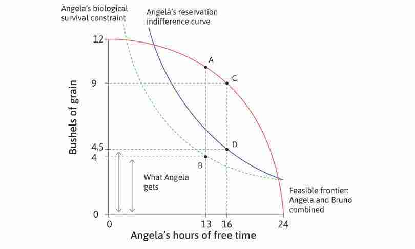 When Angela can say no
: With voluntary exchange, allocation B is not available. The best that Bruno can do is allocation D, where Angela works for 8 hours, giving him grain equal to CD.
