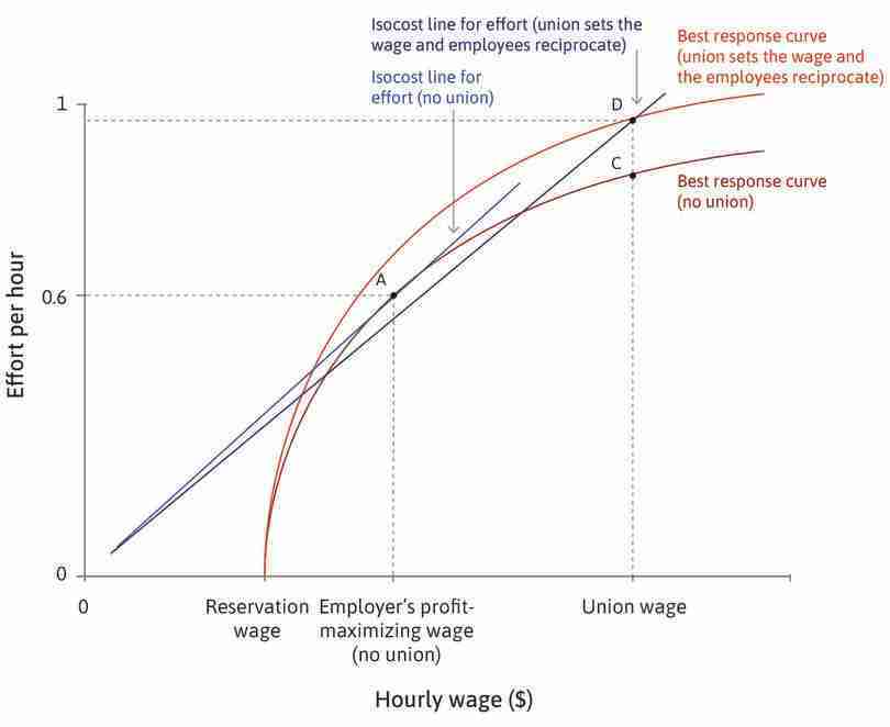 The effect of a worker-friendly policy
: The result of the greater bargaining power of the workers, and their reciprocation of the company’s worker-friendly policy, is shown as point D.
