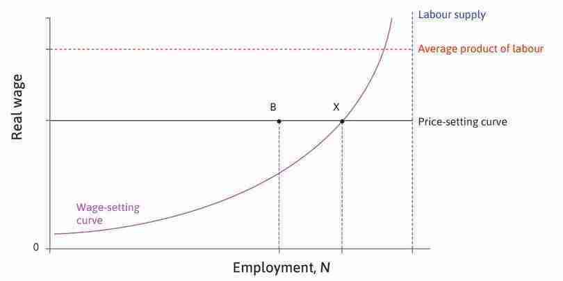 Point B
: At B, there are additional people looking for work who are also involuntarily unemployed. The additional unemployment at B is due to low aggregate demand and is called demand-deficient, or cyclical, unemployment. They would be prepared to accept a lower wage, as long as it is not lower than the wage shown by the wage-setting curve. But without higher demand for their output, firms will not offer such jobs.
